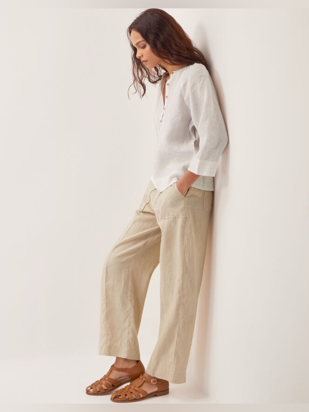 NWT Monsoon Jolie short linen wide leg trousers natural size medium short